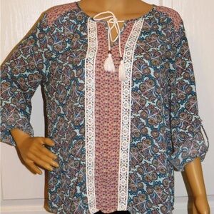 DR2 Boho Women's Medium Paisley Print Tassel-Tie Tunic Blouse Roll-Tab Sleeves